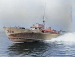 PT-396, an American built British Vosper design 70-foot motor torpedo boat during builder trials off New York, Aug 1944. Note that the censors scratched out the radar atop the mast.