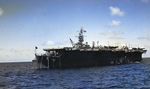 USS Independence anchored in Bikini Atoll as a target ship for the Operation Crossroads atomic bomb tests, Jul 1946.