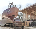 The former PT-796, a 78-foot Higgins boat, painted as PT-109, an 80-foot Elco boat, passing the reviewing stand in President John F. Kennedy’s inaugural parade in Washington DC, United States, 20 Jan 1960.