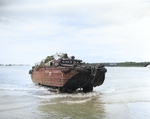 A fully loaded DUKW coming ashore at Normandy, France, 11 Jun 1944.