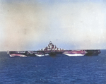 USS Randolph in Chesapeake Bay, Virginia, United States during her shakedown period, 12 Nov 1944. Note camouflage Measure 32 Design 17a. Photographed from escort carrier USS Charger.