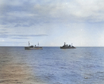 Cruiser USS Omaha (right) laying off the seized German blockade runner Odenwald in the South Atlantic, 6 Nov 1941. The Odenwald had been disguised as the US-flag ship Willmoto carrying rubber from Japan to Germany.