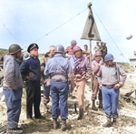 US Army and Navy invasion commanders waiting for the arrival of other flag officers on Omaha Beach, Saint-Laurent-sur-Mer, Normandy, France, the morning of 12 Jun 1944.