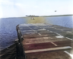 US Navy TDN-1 drone test from the decks of the training carrier USS Sable while steaming in reverse in Grand Traverse Bay, Michigan, United States, 10 Aug 1943. This particular test was unsuccessful. Photo 3 of 4.