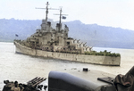 Destroyer USS Laffey (foreground) and cruiser USS Juneau in Luganville anchorage, Espiritu Santo, New Hebrides, 16 Sep 1942. Both ships arrived with survivors of the sunken USS Wasp (Wasp-class). Photo 4 of 4.