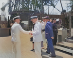 Commissioning ceremony of USS New Jersey, Philadelphia Navy Yard, Pennsylvania, United States, 23 May 1943, photo 06 of 25; note Captain Carl Holden on left