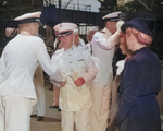 Commissioning ceremony of USS New Jersey, Philadelphia Navy Yard, Pennsylvania, United States, 23 May 1943, photo 07 of 25; note Captain Carl Holden on left