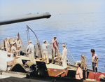 An officer disembarking USS New Jersey after the commissioning ceremony, Philadelphia Navy Yard, Pennsylvania, United States, 23 May 1943