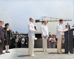 Navy chaplain offering the invocation at the commissioning ceremony of USS New Jersey, Philadelphia Navy Yard, Pennsylvania, United States, 23 May 1943