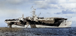 Independence-class carrier USS Monterey at anchor at Eniwetok, Marshall Islands, 6 Sep 1944. Her paint scheme is Measure 33, Design 3d. Photo 2 of 2.