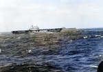 Yorktown-class aircraft carriers Hornet (near) and Enterprise (far) as seen from the cruiser USS Salt Lake City shortly after Hornet launched the Doolittle Raid against Japan, 18 Apr 1942.