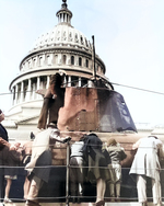 Japanese midget submarine Ha-19, captured in Hawaii following the 7 Dec 1941 Pearl Harbor attack, toured the United States as part of a War Bond drive. It is seen here in front of the US Capitol, Washington DC, mid-1943