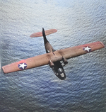 Overhead aerial view of a Consolidated PBY Catalina patrol aircraft over the Atlantic, late 1942.