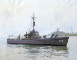 United States Coast Guard cutter WPC-372 in New York Harbor, spring 1942. Note Mousetrap anti-submarine rocket rails on her foredeck. Photo 3 of 3.