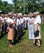 First Lady Eleanor Roosevelt inspecting “native” Samoan Marines at Tutuila, Samoa, 23 Aug 1943. Also present are United States Marine MGen C.F.B. Price, Commanding General of the area and Captain John R. Napton, Jr.