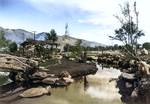 Japanese style tea garden in one of the recreation aeras at the Manzanar Relocation Center for deported Japanese-Americans, Inyo County, California, United States, 1943.