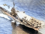 USS Bennington underway in the Atlantic with jet aircraft on deck, 1954 after her first modernization. Note the removal of the four 5-inch gun turrets and the addition of 40mm gun tubs, most notably on the bow.