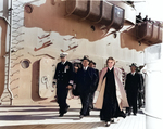 Vice Admiral J.J. Clark escorting Republic of Korea President Syngman Rhee and First Lady Francesca Rhee on the deck of USS Missouri off Pusan (now Busan), South Korea, 20 Nov 1952.