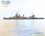 Portside broadside view of the cruiser USS New Orleans off Mare Island, California, United States, 8 Mar 1945.