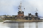 Cruiser USS Northampton arriving at Brisbane, Australia, 5 Aug 1941. Note her false bow wave camouflage. Photo 2 of 2.