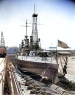 Battleship USS Oregon in drydock at the Mare Island Naval Shipyard, Vallejo, California, United States, Sep 1917.