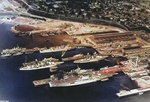 Aerial view of the piers and drydocks at the Puget Sound Naval Shipyard, Bremerton, Washington, United States, 1940.