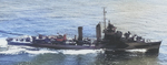 USS Cummings in Measure 32 Design 23D paint scheme as seen from an aircraft from USS Monterey while approaching Wake Island for a bombardment, 3 Sep 1944. Photo 1 of 2.