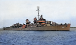 A view on the starboard bow of Fletcher-class destroyer USS Hoel, mid-1943. Location unknown.