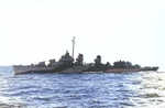 Broadside view of destroyer USS Hoel in her Measure 21, Design 1D paint scheme as seen from the carrier USS Kwajalein, 10 Aug 1944 off Tarawa in the Gilbert Islands.