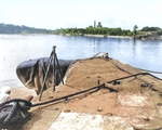 USS Growler’s damaged bow after a collision, New Farm Submarine Base, Queensland, Brisbane, Australia, 17 Feb 1943. Note the Colonial Sugar Refinery dead ahead of Growler while her bow points toward Hawthorne across the river.