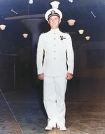 Lt Cmdr Howard W Gilmore, commander of the submarine USS Growler in Pearl Harbor, Hawaii upon receiving his first Navy Cross for an attack on three warships within the Kiska Island anchorage in the Aleutians, Jul 1942.