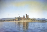 Battleship USS Mississippi entering Pearl Harbor, Hawaii, 2 Mar 1943.