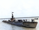 Submarine USS Bowfin arriving at Fremantle, Australia, probably from her second war patrol in Dec 1943.