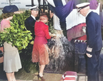 Submarine Tinosa being christened by sponsor Mrs. Katharine Malloy, wife of Captain William Molloy, at Mare Island Navy Yard, Vallejo, California, United States, 7 Oct 1942.