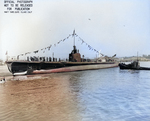 Submarine Tinosa shortly after launch at Mare Island Navy Yard, Vallejo, California, United States, 7 Oct 1942.