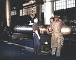 United States Navy Mark XIV submarine torpedo balanced in Shop 41 at the Naval Torpedo Station, Alexandria, Virginia, 1944.