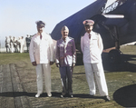 On the flight deck of USS Card in front of a TBF Avenger, US Navy Rear Admiral Frank Lowry (center) is flanked by two Rear Admirals of the French Navy, C.A. Ronarc’h (left) and Jacques Missoffe, Casablanca, 4 Jun 1943.