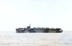 Escort carrier USS Bogue in Measure 32/Design 4A paint steaming off Quonset Point, Rhode Island, United States, Feb 1945. Note TBM Avengers on deck.