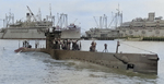 USS S-38 at San Diego, California, United States, Apr 1943; note attack transport USS Harris in left background