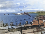 Gunboat USS Sacremento at Qingdao, Shandong Province, China, 1920s or 1930s; note submarine USS S-39 in foreground