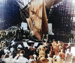 Essex-class carrier Ticonderoga in her second and successful attempt to be christened, Newport News, Virginia, United States, 7 Feb 1944. Sponsor was Miss Stephanie Sarah Pell of Ticonderoga, New York.