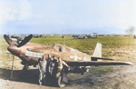 A-36A Mustang aircraft 42-84067 of the 527th FBS, 86th BFG, Gaudo Airfield, southern Italy, 14 Jan 1944; note chin-mounted guns and the bombing mission markings on the cowl