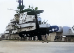 F4U-4 Corsair fighter of US Marine Corps squadron VMF-311 after a landing accident aboard USS Philippine Sea, crica early 1948