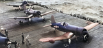 F4U-2 Corsair night fighters with Night Fighting Squadron VF(N)-101 lining up for an exercise flight aboard USS Intrepid as the ship sailed south from Hawaii toward the Marshall Islands, Jan-Feb 1944. Photo 2 of 2.