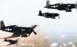 US Marine Corps F4U-1 Corsair fighters in flight, late 1943; seen in Jul-Aug 1984 issue of US Navy publication Naval Aviation News