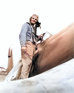 US Marine Corps pilot First Lieutenant Williams L. Hood on a US Navy F4U Corsair fighter, Okinawa, Japan, 1945