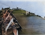 F4U-2 Corsair nightfighters on a carrier flight deck, 1944; seen in May-Jun issue of US Navy publication Naval Aviation News