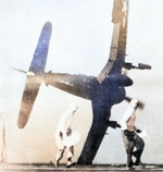 F4U-4 Corsair fighter in the midst of a failed carrier landing attempt on USS Sicily, 1949; seen in Nov 1978 issue of US Navy publication Naval Aviation News