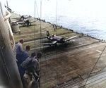 F4U-4B Corsair fighters of US Navy squadron VF-114 taking off from USS Philippine Sea, Oct 1950