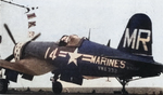 F4U-4 Corsair aircraft of US Marine Corps squadron VMA-332 aboard USS Point Cruz off Korea, 1953; seen in Mar 1954 issue of US Navy publication Naval Aviation News